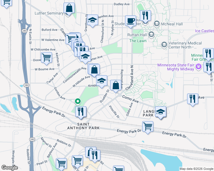 map of restaurants, bars, coffee shops, grocery stores, and more near 2180 Knapp Street in Saint Paul