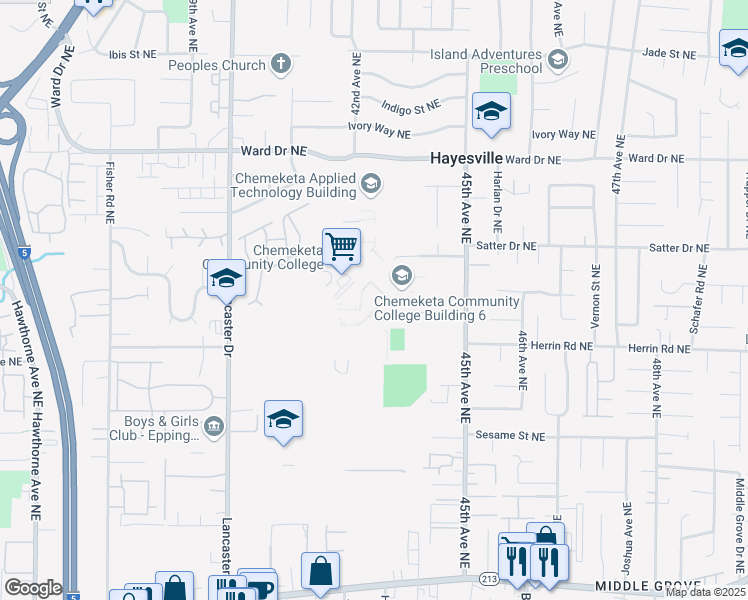 map of restaurants, bars, coffee shops, grocery stores, and more near 4000 Lancaster Drive Northeast in Salem