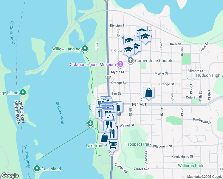 map of restaurants, bars, coffee shops, grocery stores, and more near 227 Elm Street in Hudson