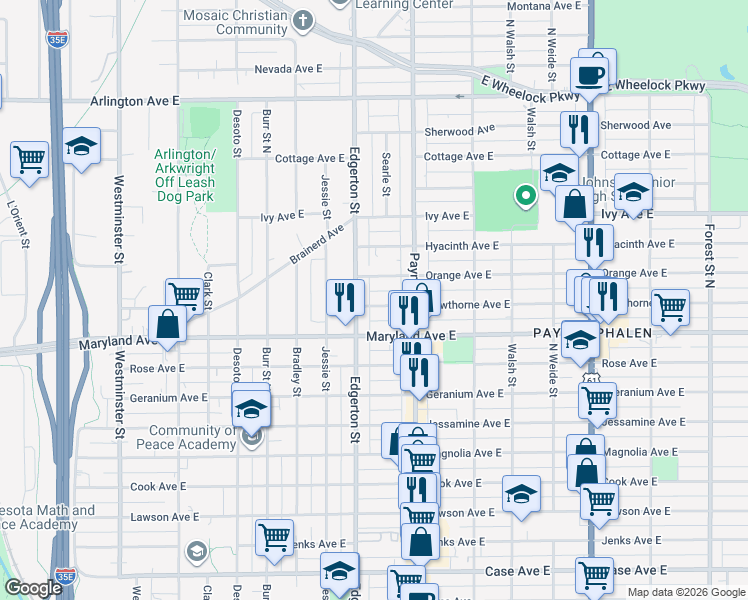 map of restaurants, bars, coffee shops, grocery stores, and more near 606 Orange Avenue East in Saint Paul