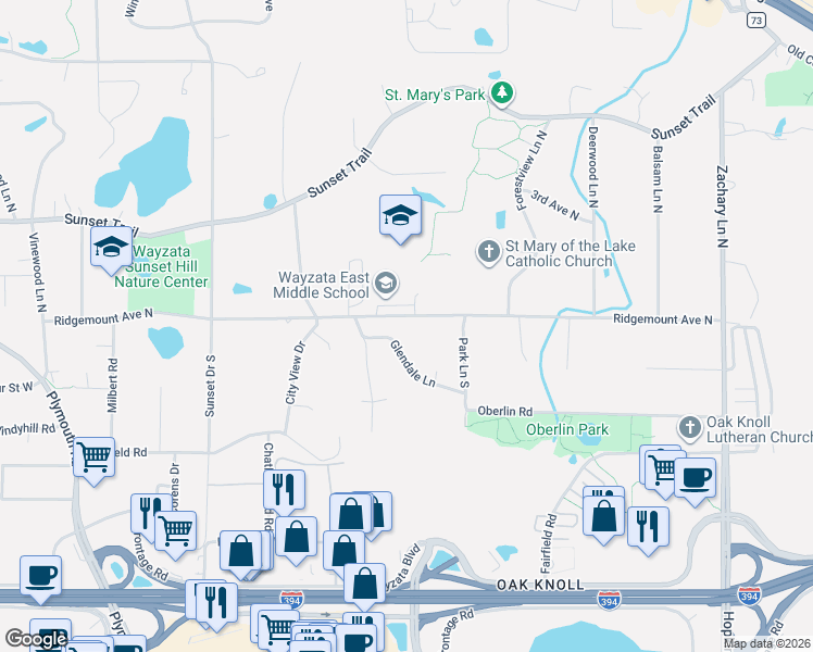map of restaurants, bars, coffee shops, grocery stores, and more near 12103 Ridgemount Avenue North in Minnetonka