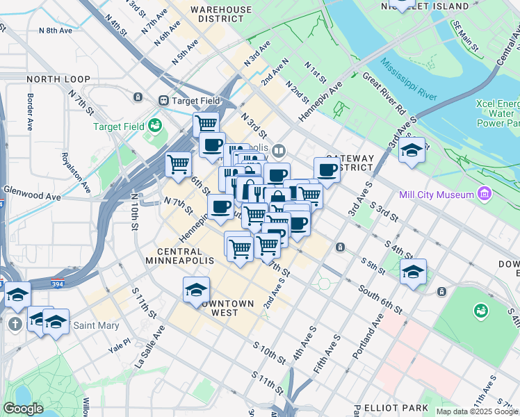 map of restaurants, bars, coffee shops, grocery stores, and more near 520 Nicollet Mall in Minneapolis