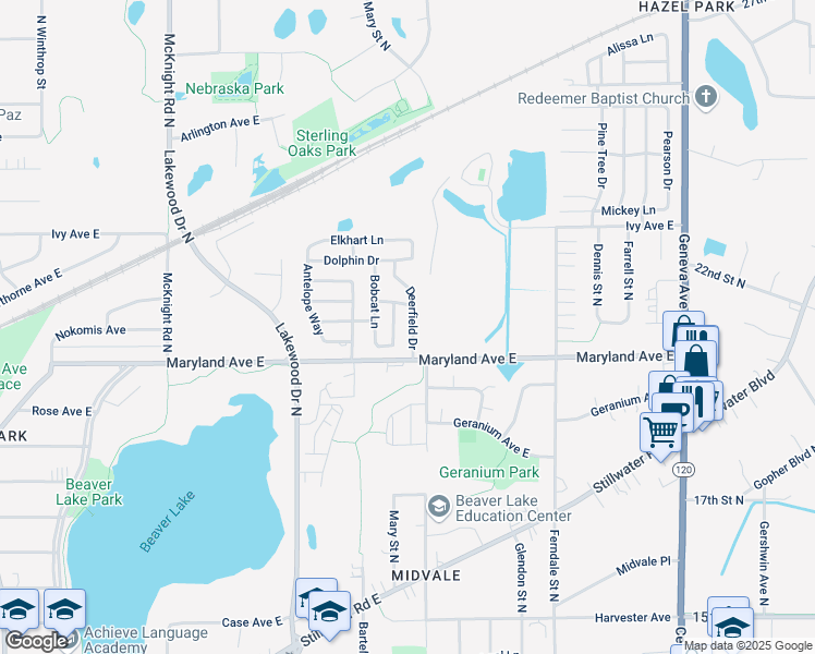 map of restaurants, bars, coffee shops, grocery stores, and more near 1227 Deerfield Drive in Maplewood