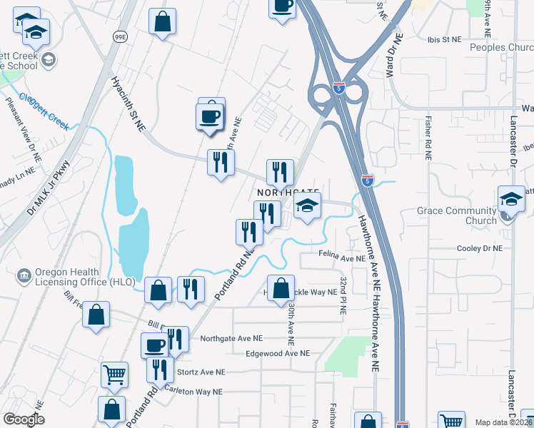 map of restaurants, bars, coffee shops, grocery stores, and more near 4135 Portland Road Northeast in Salem