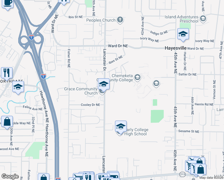 map of restaurants, bars, coffee shops, grocery stores, and more near 4169 Campus Loop Northeast in Salem