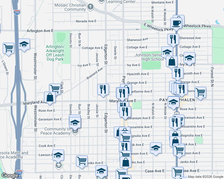 map of restaurants, bars, coffee shops, grocery stores, and more near 606 Orange Avenue East in Saint Paul
