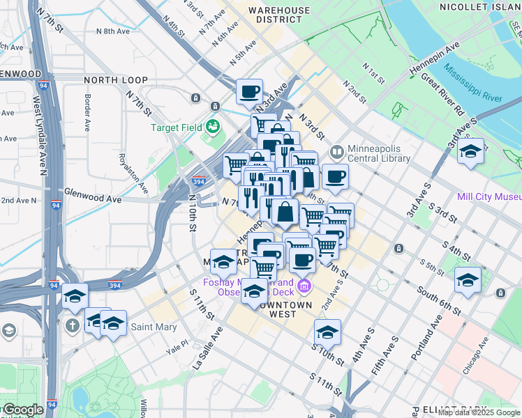 map of restaurants, bars, coffee shops, grocery stores, and more near 600 Hennepin Avenue in Minneapolis