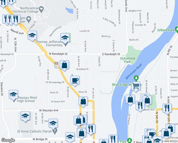 map of restaurants, bars, coffee shops, grocery stores, and more near 1304 North 2nd Avenue in Wausau