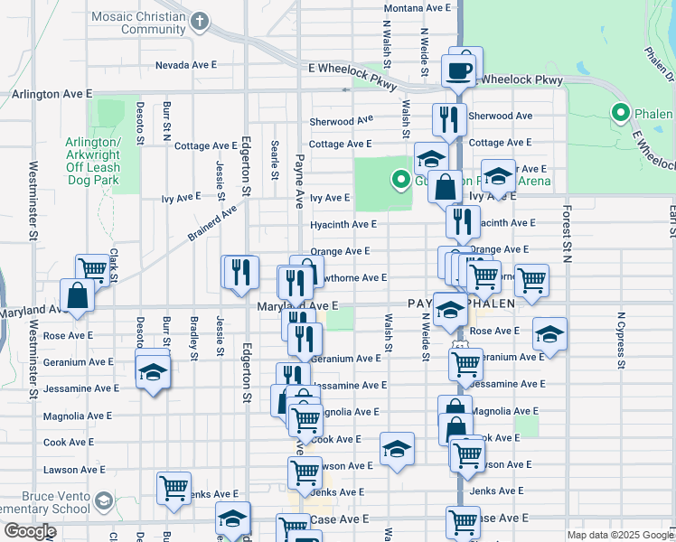 map of restaurants, bars, coffee shops, grocery stores, and more near 678 Orange Avenue East in Saint Paul