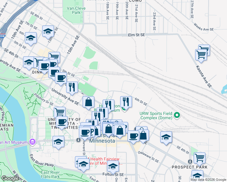 map of restaurants, bars, coffee shops, grocery stores, and more near 4 Southeast Oak Street in Minneapolis