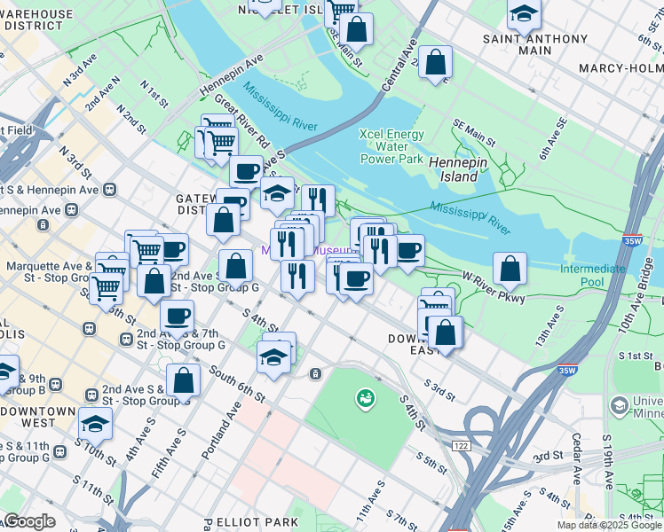 map of restaurants, bars, coffee shops, grocery stores, and more near 212 Portland Avenue South in Minneapolis