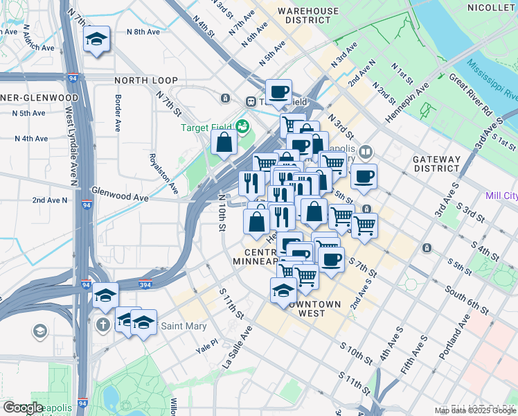 map of restaurants, bars, coffee shops, grocery stores, and more near 628 North 1st Avenue in Minneapolis