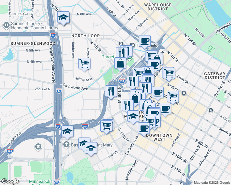 map of restaurants, bars, coffee shops, grocery stores, and more near 53c Glenwood Avenue in Minneapolis