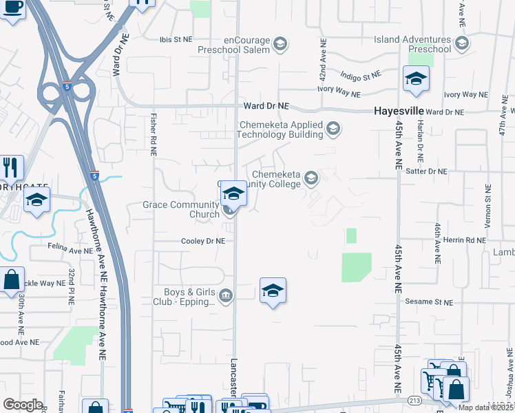 map of restaurants, bars, coffee shops, grocery stores, and more near 4020 Campus Loop Northeast in Salem