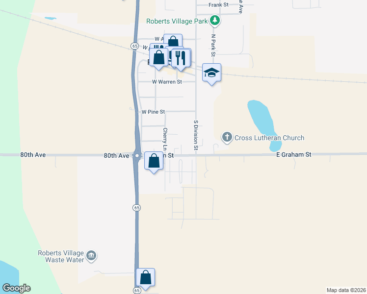 map of restaurants, bars, coffee shops, grocery stores, and more near 210 Helen Street in Roberts