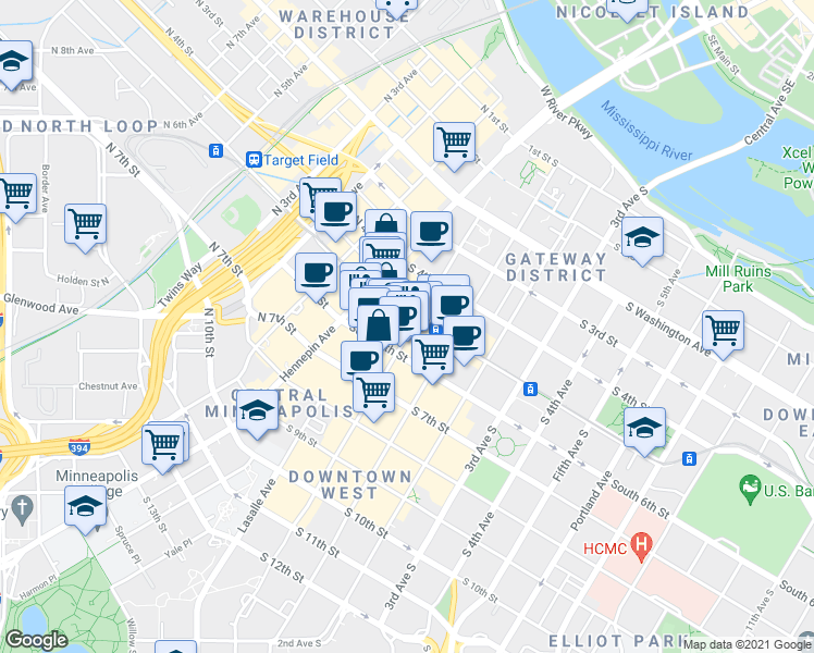 map of restaurants, bars, coffee shops, grocery stores, and more near 500 Nicollet Mall in Minneapolis