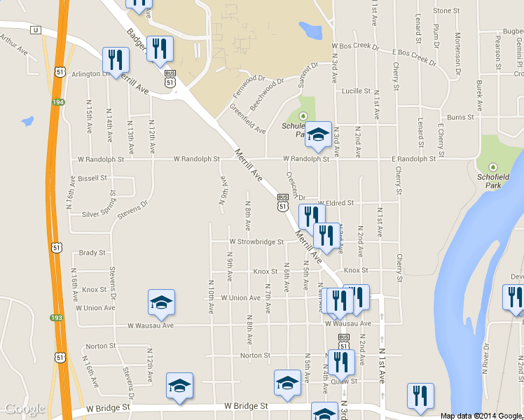 map of restaurants, bars, coffee shops, grocery stores, and more near 700 West Strowbridge Street in Wausau