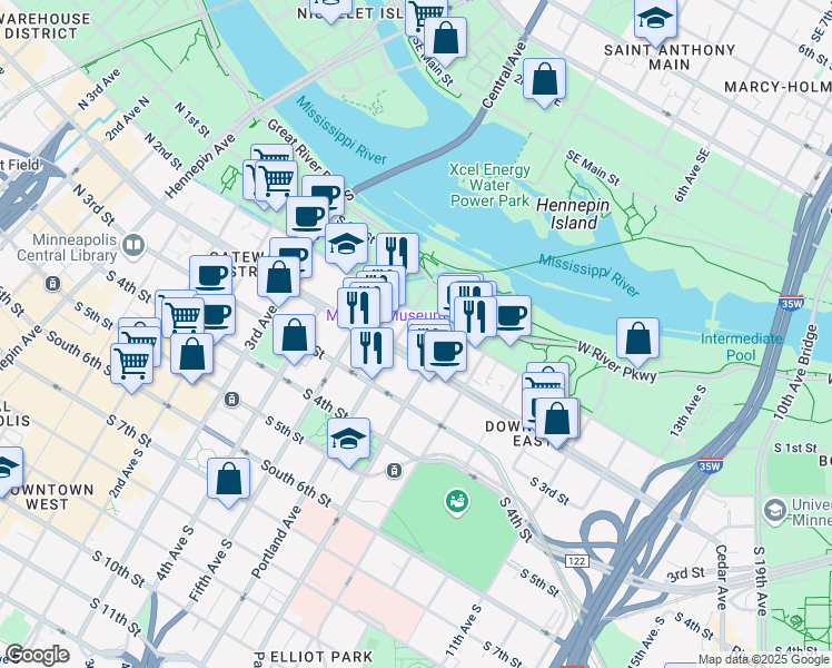 map of restaurants, bars, coffee shops, grocery stores, and more near 212 Portland Avenue South in Minneapolis