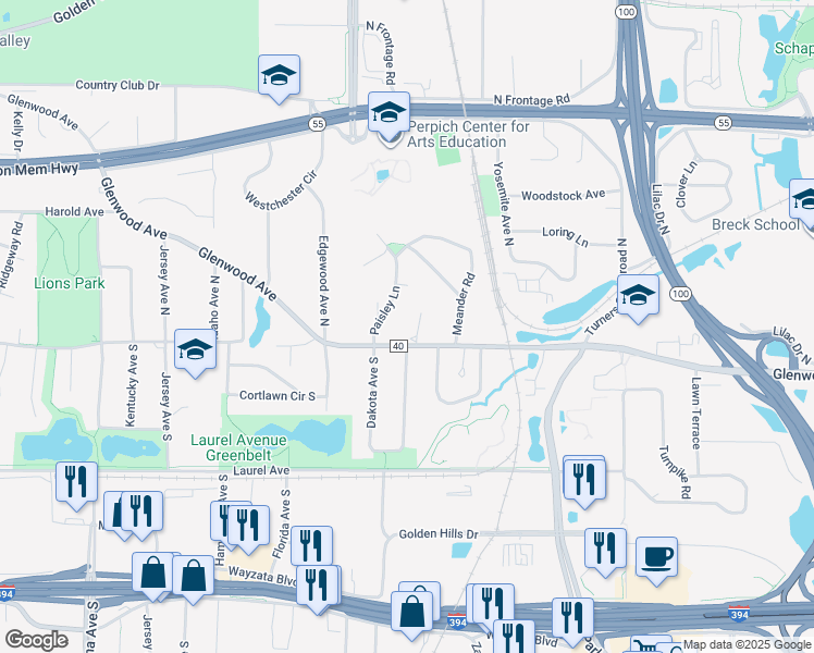 map of restaurants, bars, coffee shops, grocery stores, and more near 112 Paisley Lane in Golden Valley