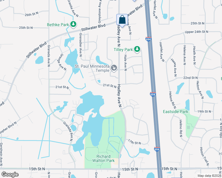 map of restaurants, bars, coffee shops, grocery stores, and more near 6995 21st Street North in Oakdale