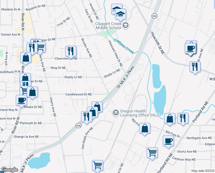 map of restaurants, bars, coffee shops, grocery stores, and more near 1444-1446 Rozilla Court Northeast in Keizer