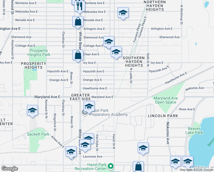 map of restaurants, bars, coffee shops, grocery stores, and more near 1882 Orange Avenue East in Saint Paul