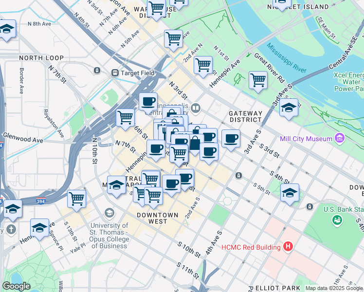 map of restaurants, bars, coffee shops, grocery stores, and more near 500 Nicollet Mall in Minneapolis