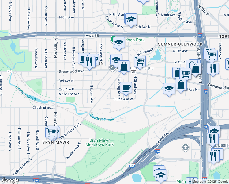 map of restaurants, bars, coffee shops, grocery stores, and more near 229 North Irving Avenue in Minneapolis