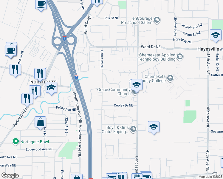 map of restaurants, bars, coffee shops, grocery stores, and more near 66 Santiam Pass Way Northeast in Salem