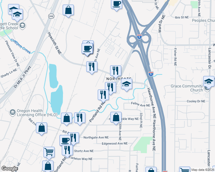 map of restaurants, bars, coffee shops, grocery stores, and more near 2712 Hyacinth Street Northeast in Salem