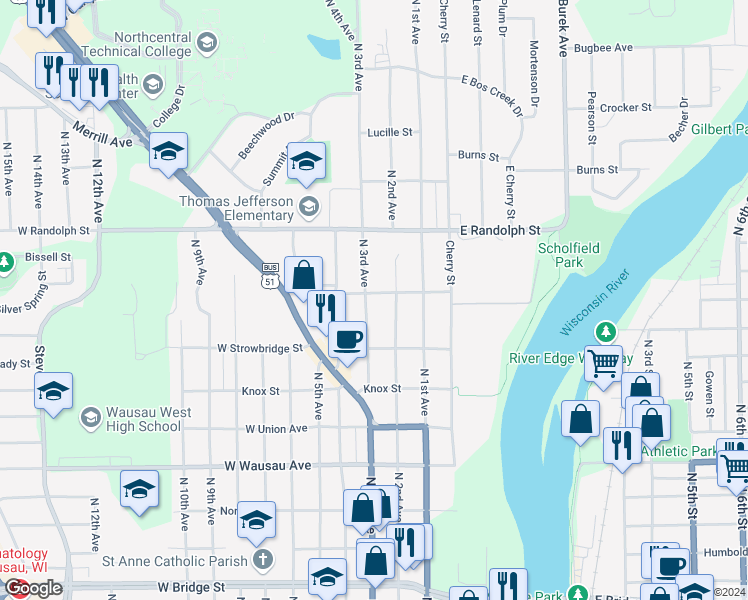 map of restaurants, bars, coffee shops, grocery stores, and more near 1304 North 2nd Avenue in Wausau
