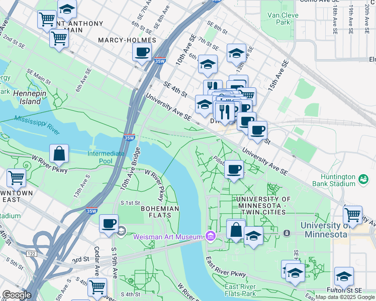 map of restaurants, bars, coffee shops, grocery stores, and more near 1200 Southeast Main Street in Minneapolis