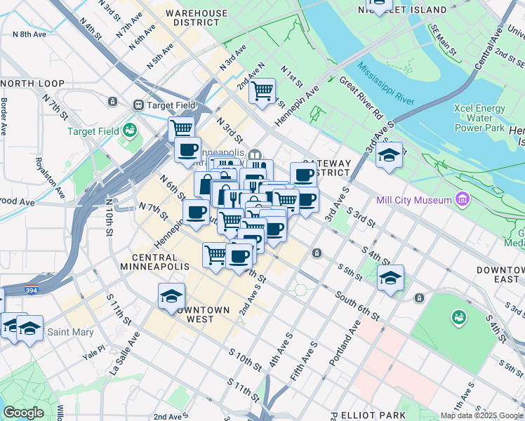 map of restaurants, bars, coffee shops, grocery stores, and more near 465 Nicollet Mall in Minneapolis