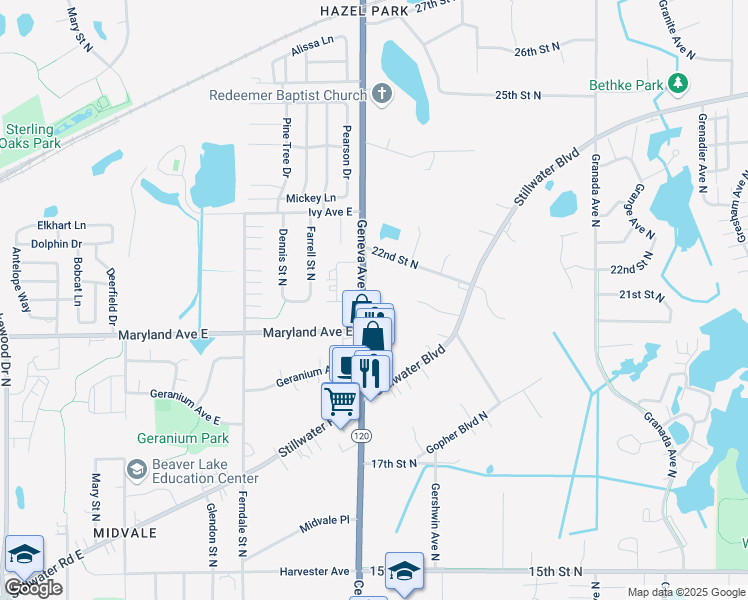 map of restaurants, bars, coffee shops, grocery stores, and more near 2069 Geneva Avenue North in Oakdale