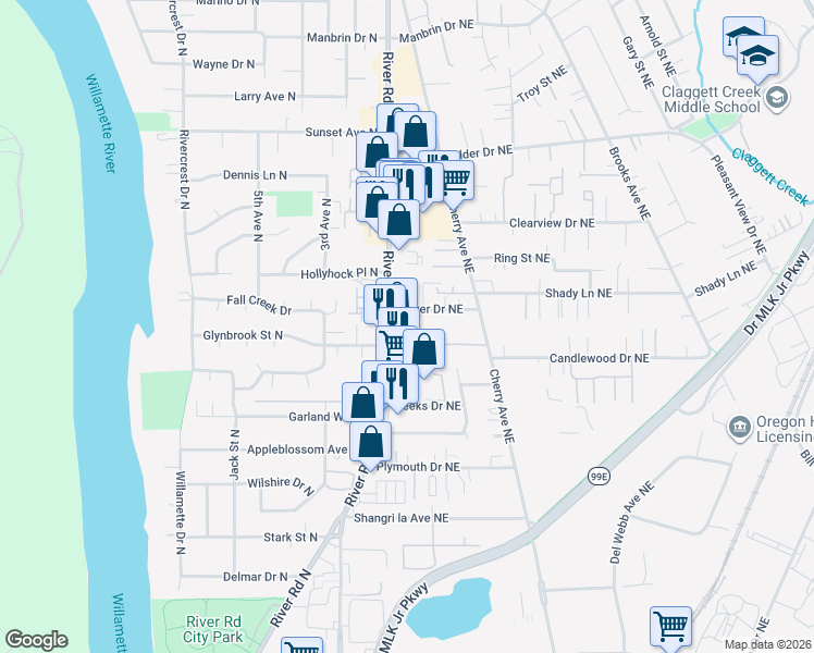 map of restaurants, bars, coffee shops, grocery stores, and more near 592 Bever Drive Northeast in Keizer