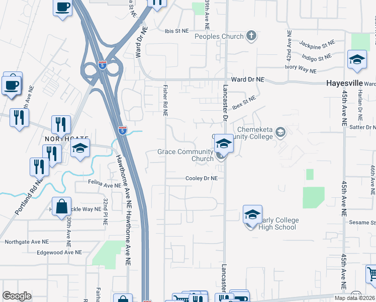 map of restaurants, bars, coffee shops, grocery stores, and more near 66 Santiam Pass Way Northeast in Salem
