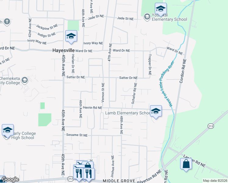 map of restaurants, bars, coffee shops, grocery stores, and more near 4128 Penticton Circle Northeast in Salem