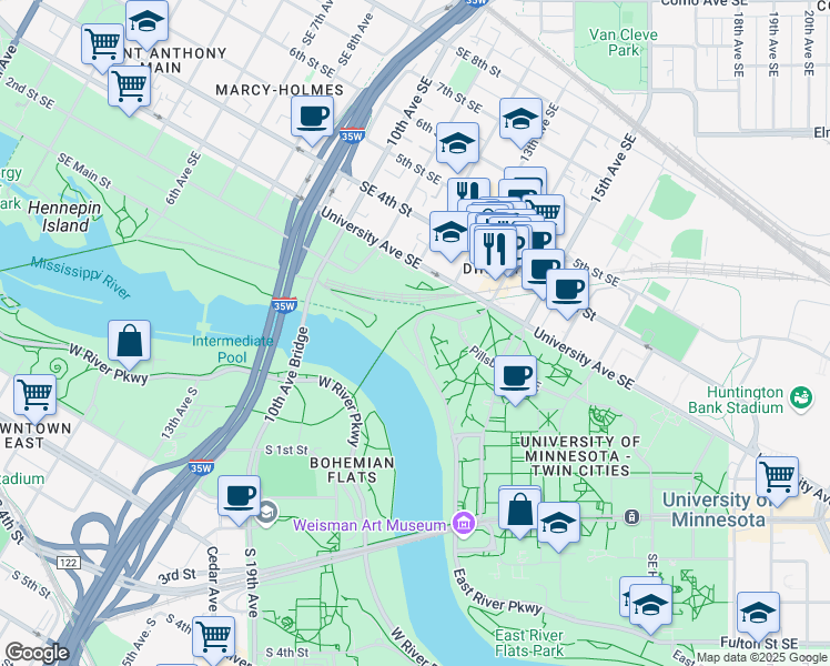 map of restaurants, bars, coffee shops, grocery stores, and more near 56 East River Road in Minneapolis
