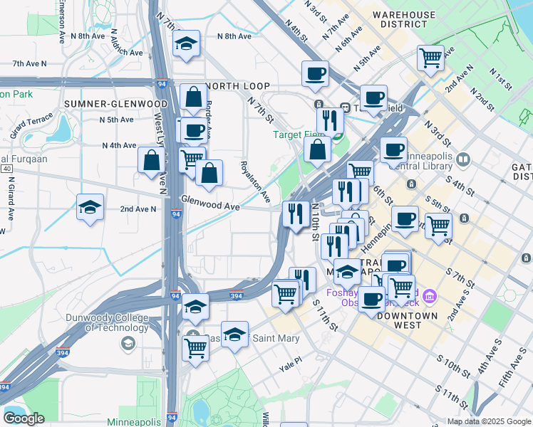 map of restaurants, bars, coffee shops, grocery stores, and more near 110 Glenwood Avenue in Minneapolis
