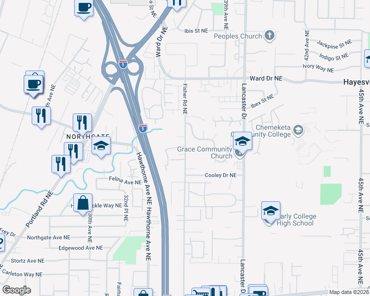 map of restaurants, bars, coffee shops, grocery stores, and more near 4159 Fisher Road Northeast in Salem