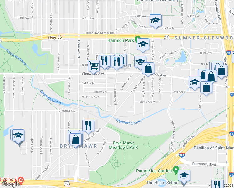 map of restaurants, bars, coffee shops, grocery stores, and more near 1717 North 2nd Avenue in Minneapolis