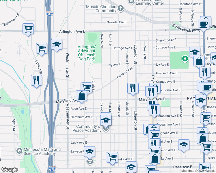 map of restaurants, bars, coffee shops, grocery stores, and more near 492 Brainerd Avenue in Saint Paul