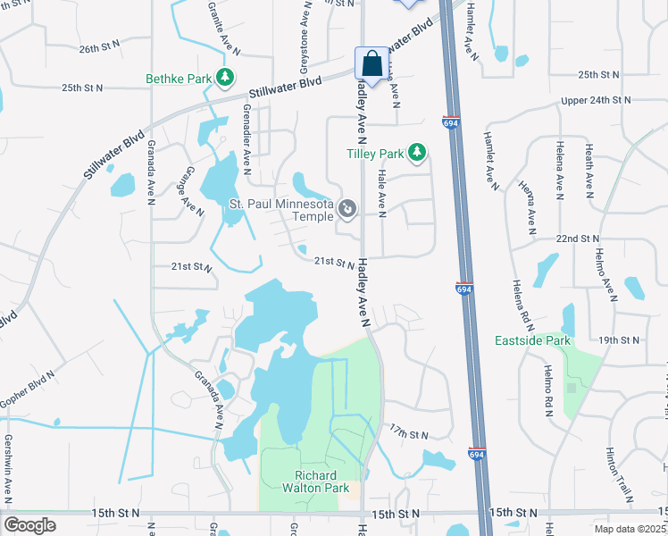 map of restaurants, bars, coffee shops, grocery stores, and more near 6995 21st Street North in Oakdale