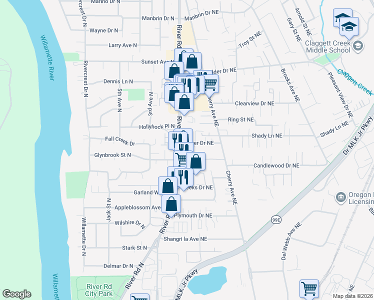 map of restaurants, bars, coffee shops, grocery stores, and more near 592 Bever Drive Northeast in Keizer