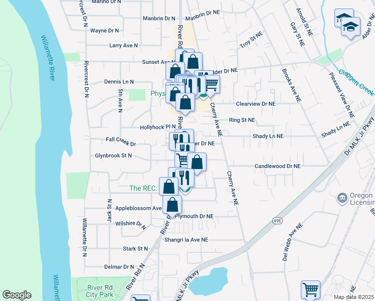 map of restaurants, bars, coffee shops, grocery stores, and more near 692 Bever Drive Northeast in Keizer