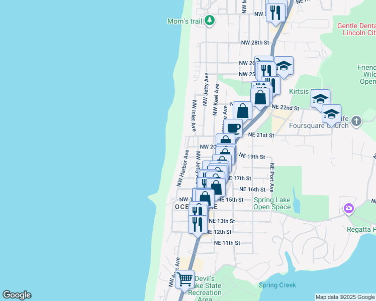 map of restaurants, bars, coffee shops, grocery stores, and more near 1314 Northwest 20th Street in Lincoln City
