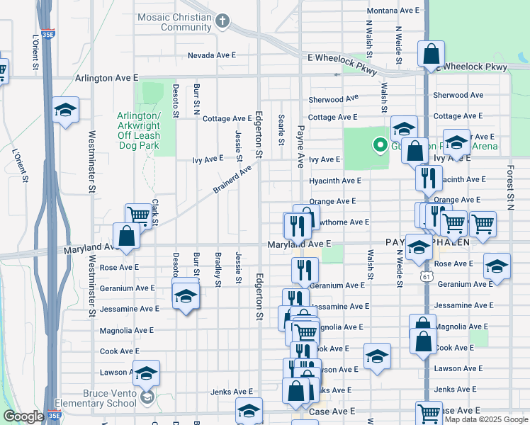 map of restaurants, bars, coffee shops, grocery stores, and more near 1255 Edgerton Street in Saint Paul