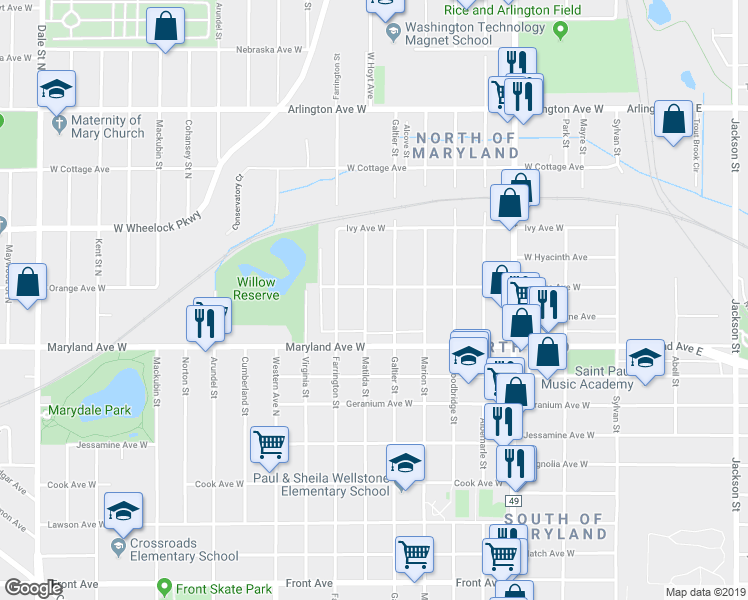 map of restaurants, bars, coffee shops, grocery stores, and more near 1259 Matilda Street in Saint Paul