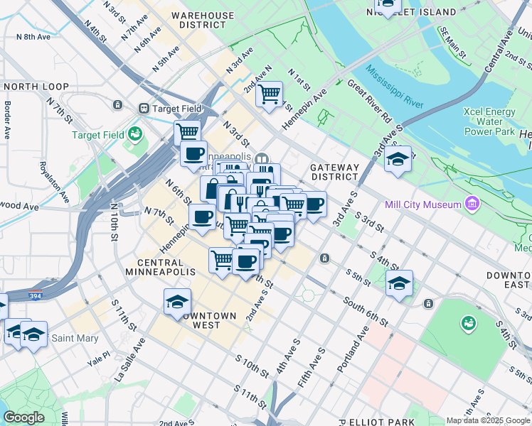 map of restaurants, bars, coffee shops, grocery stores, and more near 415 Nicollet Mall in Minneapolis