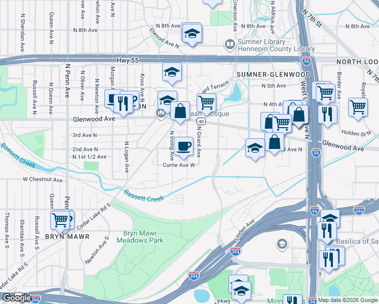 map of restaurants, bars, coffee shops, grocery stores, and more near 1415 2nd Avenue North in Minneapolis